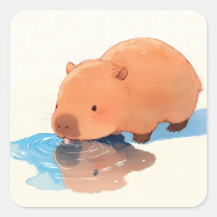 Adesivo Quadrado Capivara Fofa Bebendo de uma Poça Azul