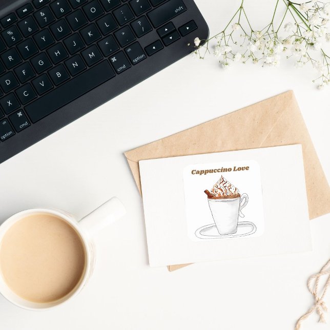 Adesivo Quadrado Cappuccino Love Watercolor Com Canela (Criador carregado)