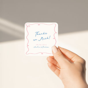 Adesivo Quadrado Caprichoso Desenho à Mão Rosa e Azul Agradecimento