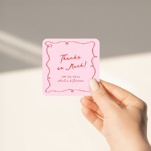 Adesivo Quadrado Caprichoso Desenho à Mão Rosa e Vermelho Agradecim