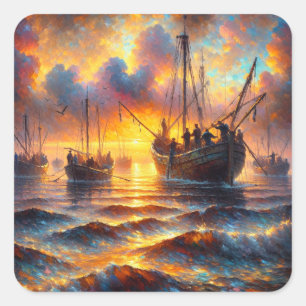 Adesivo Quadrado Captura de peixes da pesca em Sunset