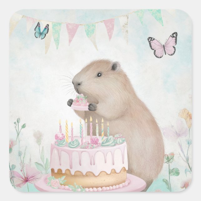 Adesivo Quadrado Capybara Cakefest Kids Party Sticker (Frente)