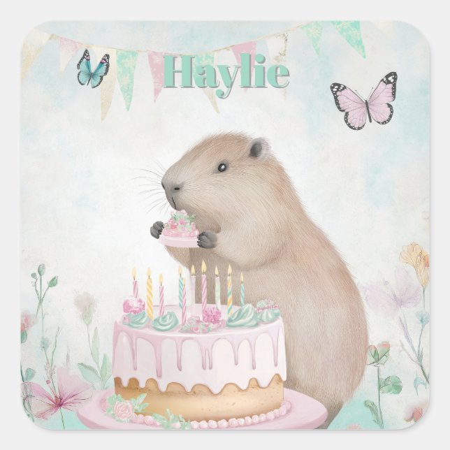 Adesivo Quadrado Capybara Cakefest Kids Party Sticker Green Custom (Frente)
