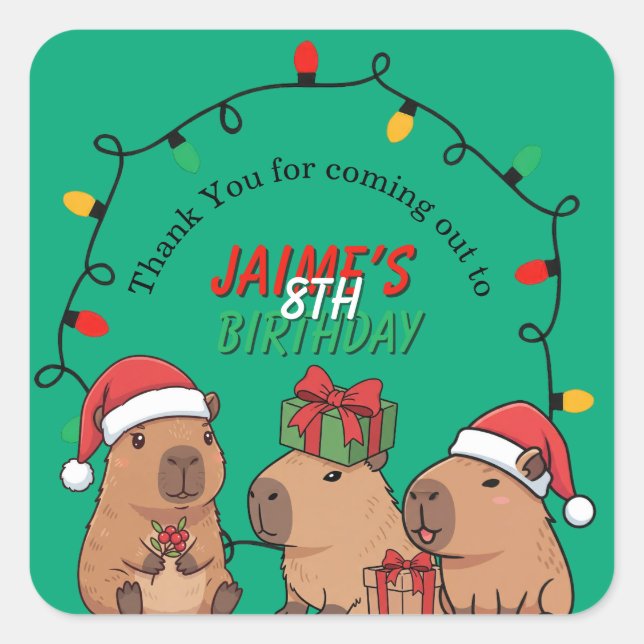 Adesivo Quadrado Capybara Christmas Lights Birthday Party  (Frente)