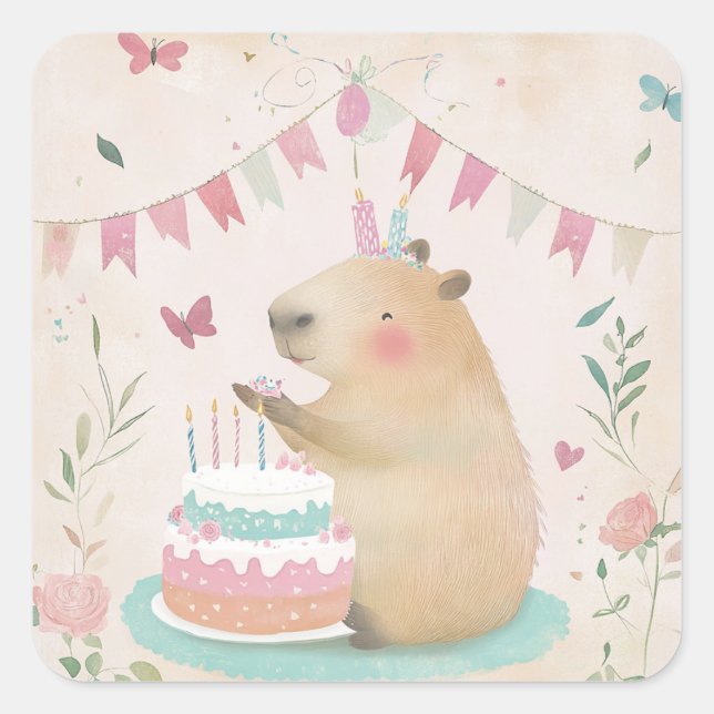 Adesivo Quadrado Capybura Birthday Bash Kids Party Stickers (Frente)