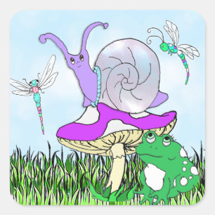 Adesivo Quadrado Caracol roxo bonito, sapo e libélulas