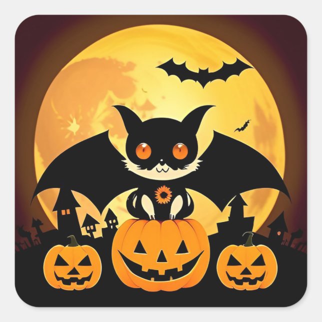 Adesivo Quadrado Caráter de Gato do Halloween Bonito com Pumpkins (Frente)