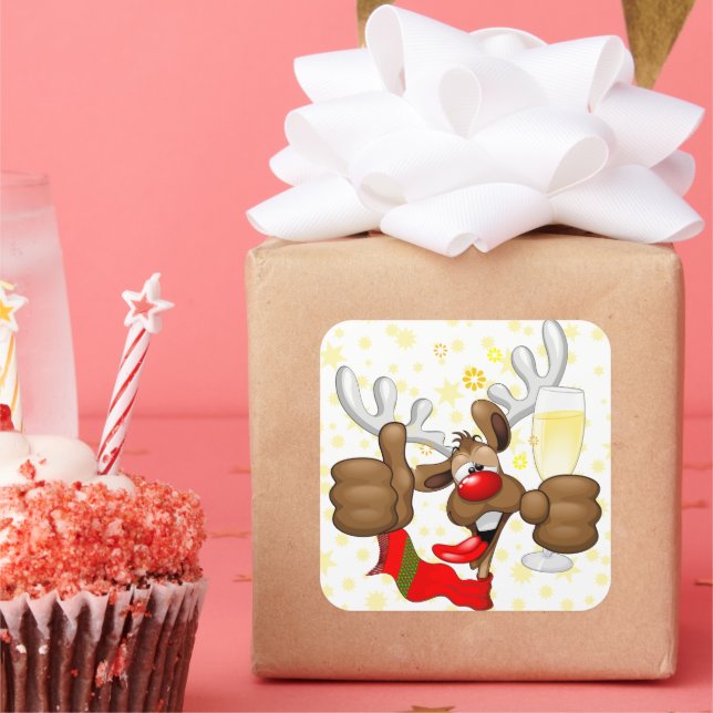Adesivo Quadrado Caráter de Natal Engraçado do Bebado Reindeer (Festa)