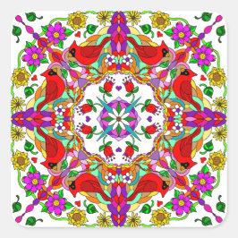 Adesivo Quadrado Cardeais Coloridos bonito e Flores Mandala