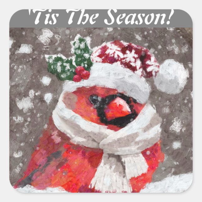 Adesivo Quadrado Cardeal Bird Scarf & Hat no Natal da Neve (Frente)
