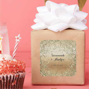 Adesivo Quadrado Cardíaco Preto e Dourado Selo de Casamento