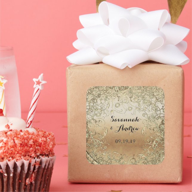 Adesivo Quadrado Cardíaco Preto e Dourado Selo de Casamento (Festa)