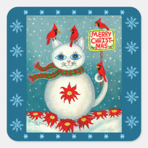 Adesivo Quadrado Cardinal de Natal Snowcat Poinsettia Homem de Neve