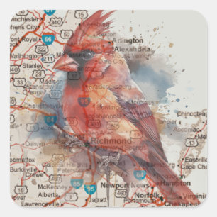 Adesivo Quadrado Cardinal na Arte em Aquarela do Mapa de Estradas d
