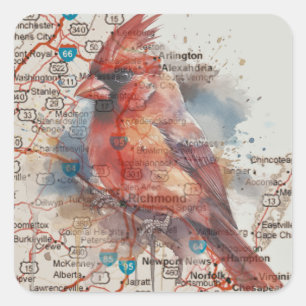 Adesivo Quadrado Cardinal no Mapa Rodoviário da Virgínia em Aquarel