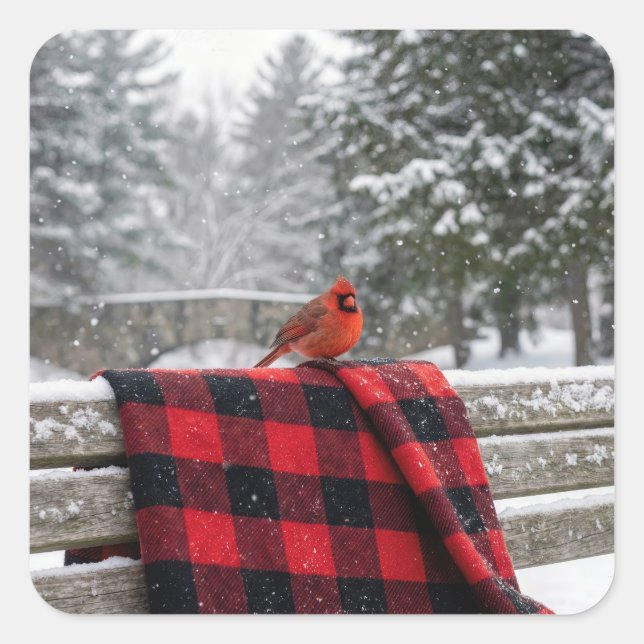 Adesivo Quadrado Cardinal On a Snowy Plaid Blanket (Frente)
