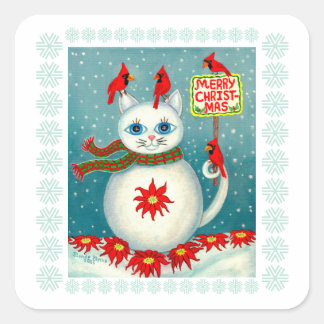 Adesivo Quadrado Cardinal Pássaro de Natal Gato na Neve Homem de Ne
