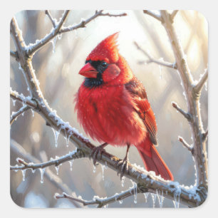 Adesivo Quadrado Cardinal Posado no Ramo de Inverno com Pingentes d