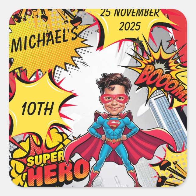 Adesivo Quadrado Caricatura de super-heróis vermelho e amarelo vibr (Frente)