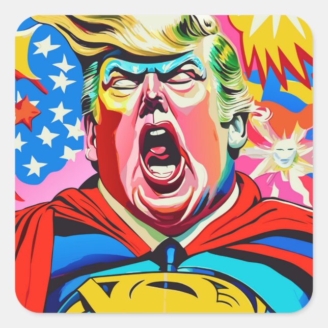 Adesivo Quadrado Caricatura Engraçada Superherói Donald Trump Retra (Frente)