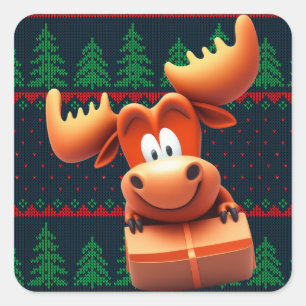Adesivo Quadrado Caricatura Moose com Camisa-Presente de Natal