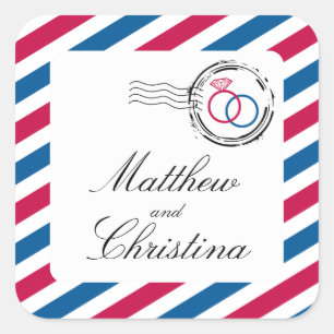 Adesivo Quadrado Carimbo de Correio Aéreo e Anéis de Casamento
