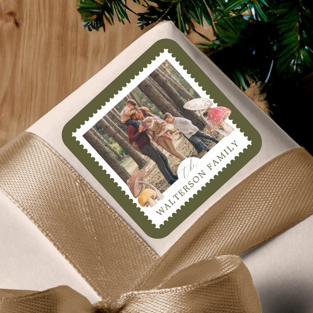 Adesivo Quadrado Carimbo de Fotografia Rustic Watercolor Woodsy Mus (Rustic Watercolor Woodsy Mushrooms Photo Stamp Square Sticker)