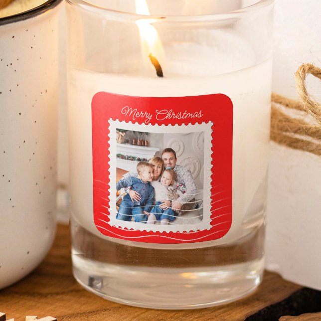 Adesivo Quadrado Carimbo de Natal - Foto Moderna Vermelha (Criador carregado)