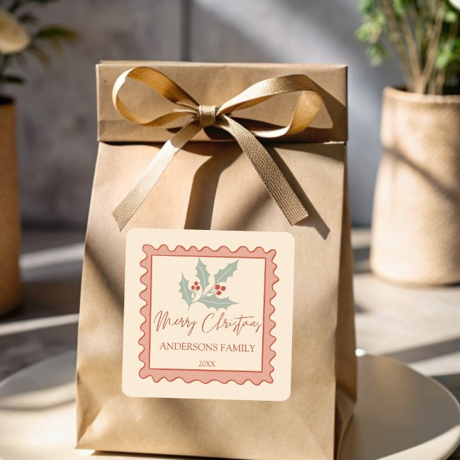 Adesivo Quadrado Carimbo de posto vermelho feliz Natal (Red retro post stamp frame merry Christmas personalized Stickers)