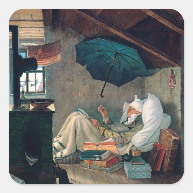 Adesivo Quadrado Carl Spitzweg - Der arme Poet - Deutsche Malerei  (Frente)