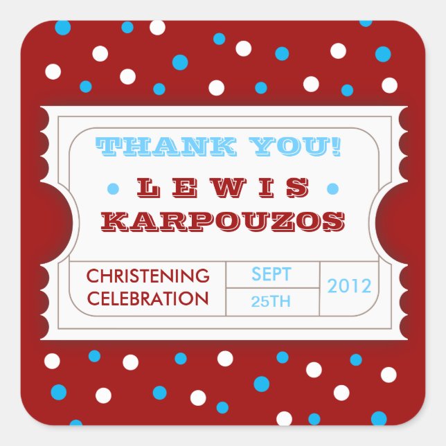 Adesivo Quadrado Carnaval Azul Branco Vermelho Obrigado Ticket Stic (Frente)