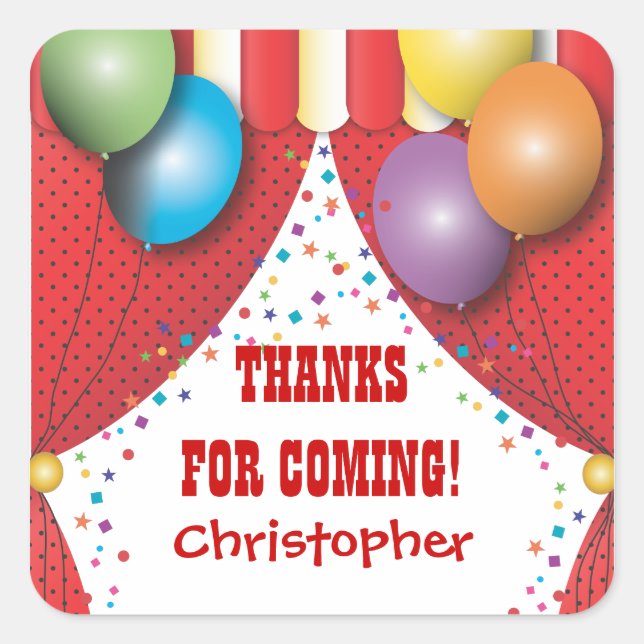 Adesivo Quadrado Carnaval de circo Aniversário Obrigado Sticker (Frente)
