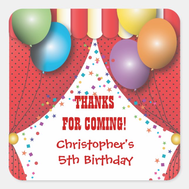 Adesivo Quadrado Carnaval de circo Aniversário Obrigado Sticker (Frente)