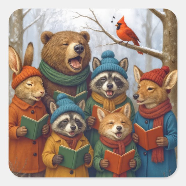 Adesivo Quadrado Caroling Christmas Forest Animals  (Frente)