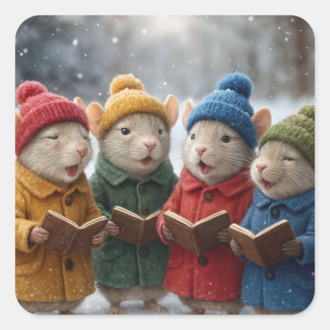 Adesivo Quadrado Caroling Christmas Mice In Snow (Frente)