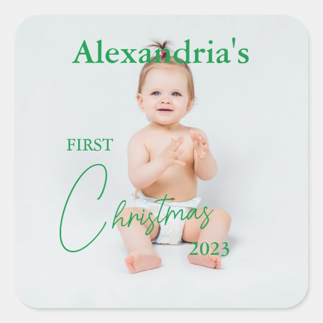 Adesivo Quadrado Carregar Foto da Criança Primeiro Natal (Frente)