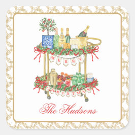 Adesivo Quadrado Carrinho de Bar de Champagne Watercolor de Natal
