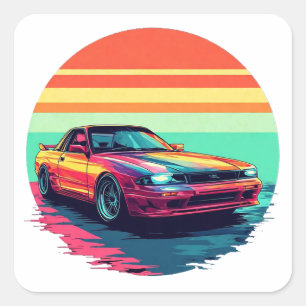 Adesivo Quadrado Carro Esportivo Estilo Retrô com Fundo de Pôr do S