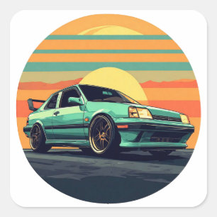 Adesivo Quadrado Carro Esportivo Estilo Retrô com Fundo de Pôr do S