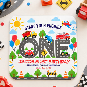 Adesivo Quadrado Carros de Transporte Fofos Aniversário de 1 ano d