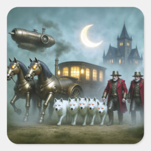 Adesivo Quadrado Carruagem Steampunk Com Cocheiros e Lobos Brancos