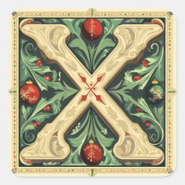 Adesivo Quadrado Carta de Natal X: Vermelho, Verde, Design Dourado