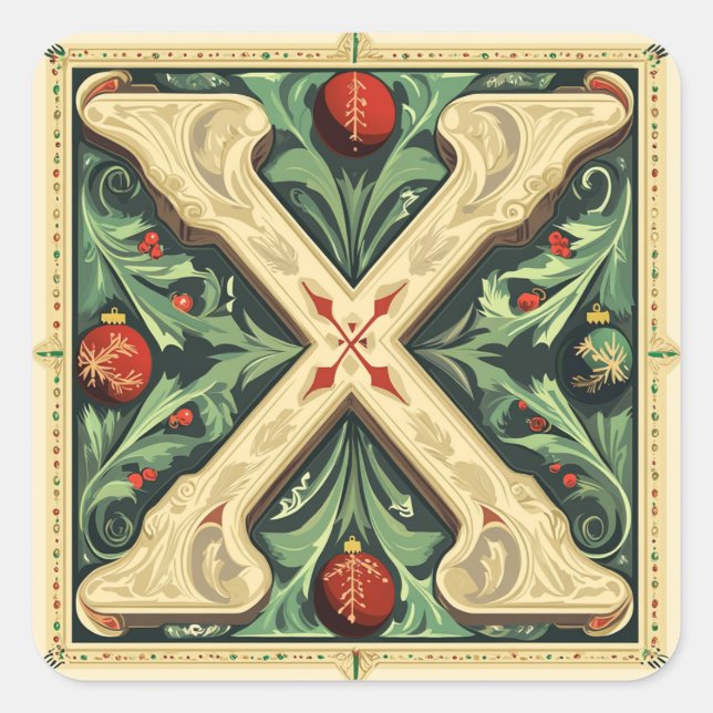 Adesivo Quadrado Carta de Natal X: Vermelho, Verde, Design Dourado (Frente)