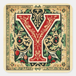 Adesivo Quadrado Carta Verde de Natal Y com Vermelho e Dourado
