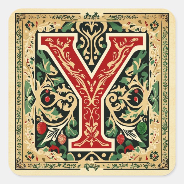 Adesivo Quadrado Carta Verde de Natal Y com Vermelho e Dourado (Frente)