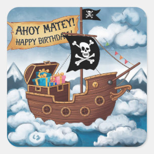 Adesivo Quadrado Cartão de Aniversário de Navio Pirata - Ahoy Matey