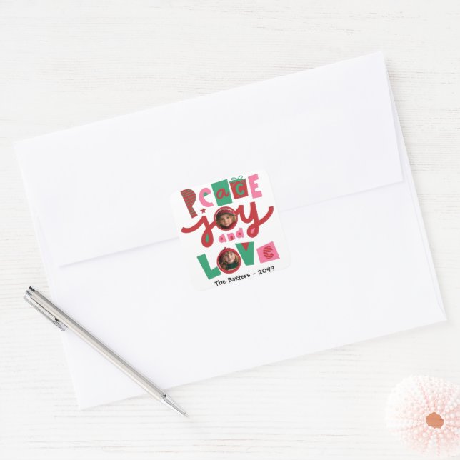 Adesivo Quadrado Cartão de Cartões de natal Rosa e Verde para Paz e (Envelope)