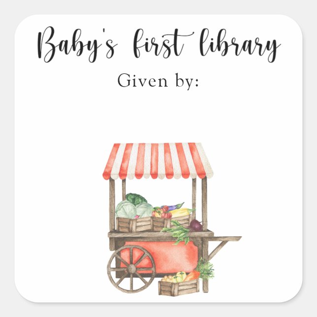 Adesivo Quadrado Cartão de Chá de fraldas Veg - primeira biblioteca (Frente)