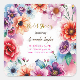 Adesivo Quadrado Cartão de Chá de Noiva com Caligrafia Minimalista 