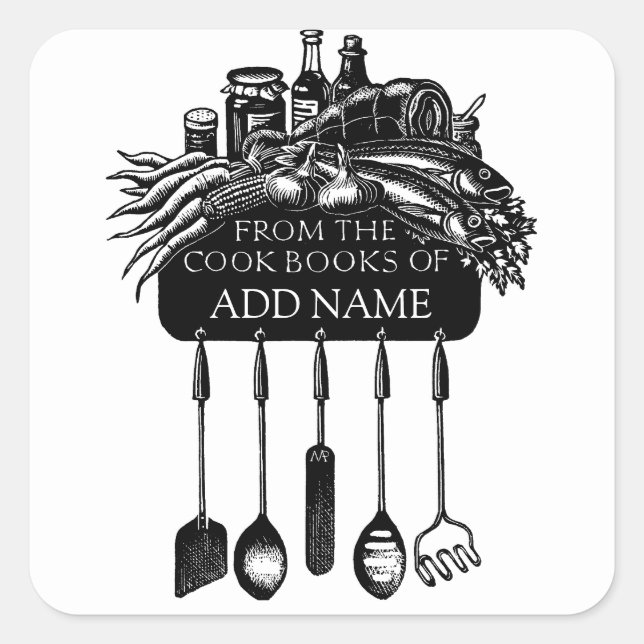 Adesivo Quadrado Cartão De Livro De Cookê Com Comida E Utensílios (Frente)